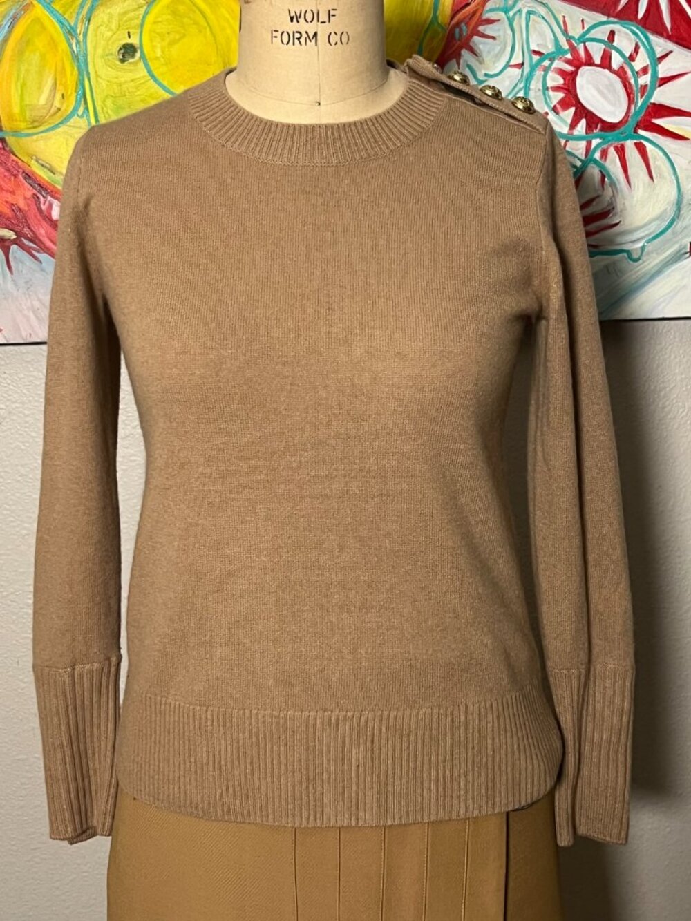 Burberry 100% Cashmere Gold Crest Button Camel Crewneck Sweater